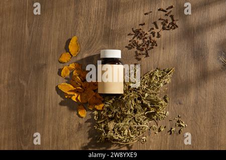 Vue de dessus d'une bouteille ambre sans étiquette affichée sur fond de table en bois avec des médecines traditionnelles. Le curcuma, la menthe et les clous de girofle sont tous des médecines populaires Banque D'Images