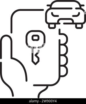 Application de partage de voiture. Main tenant un téléphone. Déverrouillage avec clé électronique. Contour modifiable et parfait au pixel près Illustration de Vecteur