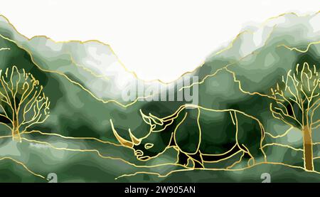 Vie d'art de rhinocéros dans la nature, style bloc imprimé Illustration de Vecteur