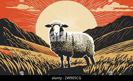 Vie d'art des moutons dans la nature, style d'impression bloc Illustration de Vecteur