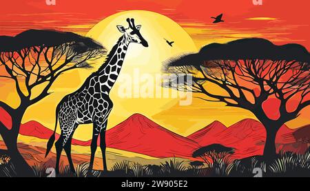 Vie d'art de girafe animale dans la nature, style bloc imprimé Illustration de Vecteur