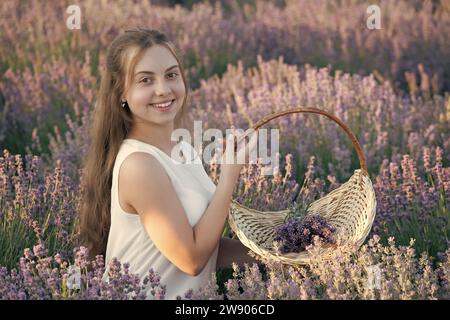 fille positive dans le champ de fleurs de lavande. adolescente tenant un bouquet de fleurs de lavande. Portrait d'une belle jeune fille aux cheveux longs dans un Banque D'Images