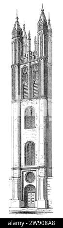 Gravure vintage 1854 de la tour de fabrication Michael Church, Cornhill, avant l'ajout du porche actuel de Sir George Gilbert Scott. Conçu par Sir Christopher Wren et Nicholas Hawksmoor. Banque D'Images
