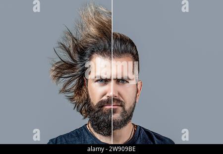 A moitié rasé. Beau jeune homme au visage à moitié rasé. Homme avec une barbe sur la moitié du visage. Barbe, rasage avant, après. Barbe longue coiffer les cheveux Banque D'Images