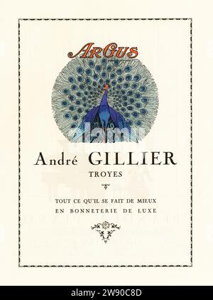 Publicité dans un magazine pour la bonneterie en soie fine de marque Argus d'André Gillier, Troyes. VIème vignette de paon. Gillier a repris l’entreprise textile familiale et a ensuite créé JIL et Lacoste. Lithographie pochoir coloré à la main (pochoir) de Art, goutte, beaute, publiée par le magazine de mode AGB, Lyon, 1922. Banque D'Images