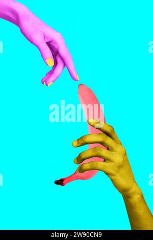 Collage image 3d de pinup pop rétro croquis de bras partageant le fruit rouge banane isolé de couleur turquoise sarcelle Banque D'Images
