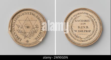 Loge 'la Charite', a décerné la médaille à son président Willem Holtrop en l'honneur de son adhésion de cinquante ans, Anonymous, 1834 Paper Medal. Devant : tous -voir l'œil au milieu de deux les uns des autres se chevauchant triangles entre Trowel et Hamer, au-dessus de deux Lauwertaks croisés et Star à l'intérieur. Revers : inscription à l'intérieur de lauwerkrans, distiction et bordure décorative. Papier néerlandais. Frappe en carton (travail des métaux) Amsterdam Banque D'Images