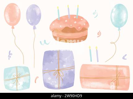 Set aquarelle Joyeux anniversaire. Collection dessinée à la main avec des boîtes-cadeaux, et gâteau pour douche de bébé dans la pêche pastel mignon doux, violet et vert couleurs sur Illustration de Vecteur