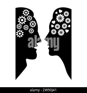 Homme avec des engrenages et femme avec des fleurs et des coeurs dans les têtes. Le concept de pensée différente entre un homme et une femme. Silhouettes noires de visages. Illustration de Vecteur