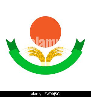 Logo des oreilles de blé avec soleil et ruban. Formes rondes. Couleurs vert, orange, doré, jaune. Emblème, icône. Illustration vectorielle isolée. Illustration de Vecteur