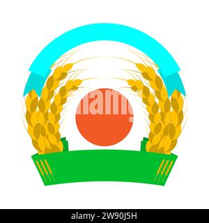 Logo des oreilles de blé avec soleil et rubans. Formes rondes. Couleurs vert, orange, doré, jaune. Emblème, icône. Illustration vectorielle isolée. Illustration de Vecteur