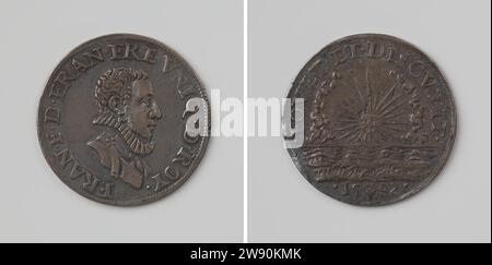 Inauguration de François-Hercule, Duc d'Anjou comme Duc de Brabant à Anvers, Anonyme, 1582 en direct Médaille d'argent. Devant : l'homme de poitrine à l'intérieur du changement. Côté visites : le soleil déplace les nuages au-dessus de la mer à l'intérieur de la couverture, au-dessus de l'année Anvers argent (métal) frappant (travail du métal) Anvers Banque D'Images