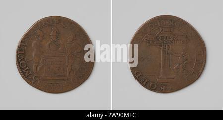 Clôture de la triple alliance entre l'Angleterre, la France et la République, anonyme, 1596 live médaille de cuivre. Devant : trois soldats, représentant les trois partenaires du traité, debout autour de l'autel avec une inscription à l'intérieur de Kischrift. Revers : soldat, pointant avec un bâton sur une plaque avec inscription, accrochant sur la colonne à l'intérieur de la couverture. Dordrecht cuivre (métal) frappe (travail des métaux) pays-Bas. Angleterre. France Banque D'Images