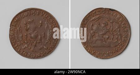Avertissement allégorique pour le manque de fiabilité des alliés anglais, Anonyme, 1603 live Copper Medal. Front : Homme, qui a fui la fumée et finit en feu à l'intérieur de Keering. Revers : singe avec garçon à l'intérieur couverture Dordrecht cuivre (métal) coulée Banque D'Images