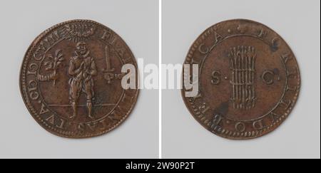 Journée de prière générale au début des négociations à la Haye, Anonyme, médaille de cuivre en direct 1608. Devant : homme priant avec les mains pliées et l'étain épuisé, où le nom Jéhovah est écrit en nuage en hébreu ; sur la main gauche qui offre la branche d'olivier, sur la main droite que l'épée montre dans Kantschrift. Revers : paquet de sept flèches flanquées des lettres S et C à l'intérieur couverture Dordrecht cuivre (métal) frappant (travail des métaux) la Haye Banque D'Images