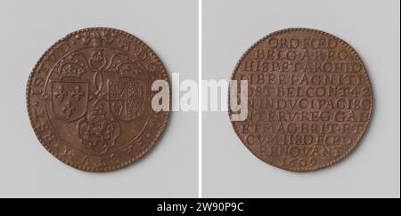 Clôture du dossier de douze ans entre la République et l'Espagne, et renouvellement de la triple alliance entre l'Angleterre, la France et la République, anonyme, 1609 Live Copper Medal. Devant : la main des nuages tient le ruban, auquel un armoiries non couronnées et deux couronnées pendent dans le changement. Revers : inscription. Pays-Bas cuivre (métal) frappe (travail des métaux) pays-Bas. Angleterre. France Banque D'Images