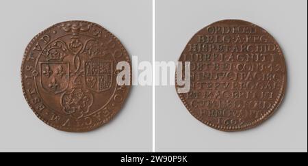 Clôture du dossier de douze ans entre la République et l'Espagne, et renouvellement de la triple alliance entre l'Angleterre, la France et la République, anonyme, 1609 Live Copper Medal. Devant : la main des nuages tient le ruban, auquel un armoiries non couronnées et deux couronnées pendent dans le changement. Revers : inscription. Pays-Bas cuivre (métal) frappe (travail des métaux) pays-Bas. Angleterre. France Banque D'Images