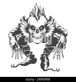 Tatouage de gravure dessiné à la main de Bunchy Evil Clown Skull isolé sur fond blanc illustration vectorielle. Aucune IA n'a été utilisée. Illustration de Vecteur