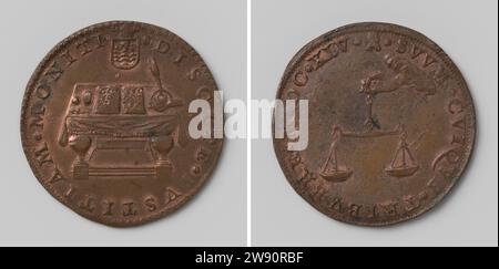 États de Zélande, Johannes Looff, médaille de cuivre en direct 1645. Devant : Table, couverte d'un tapis avec des volants ; sur la table : livre ouvert avec inscription, Ganzeveer dans le cuiseur d'encre, tube et quelques jetons sous les armoiries couronnées dans l'Omnift. Inconvénient : main des nuages tient des échelles, qui est équilibré dans la couverture Middelburg cuivre (métal) frappant (métallurgie) Zeeland Banque D'Images