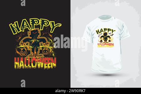 Motif t-shirt Halloween Happy Pumpkins. T-shirt spécial Halloween sale coloré avec un motif de citrouilles traditionnelles orange. Illustration de Vecteur