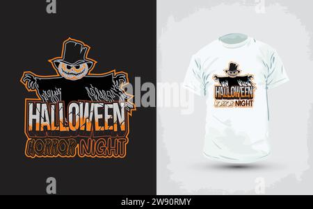 Motif t-shirt Halloween Happy Pumpkins. T-shirt spécial Halloween sale coloré avec un motif de citrouilles traditionnelles orange. Illustration de Vecteur