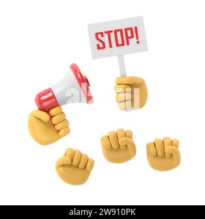 Mains de dessins animés de manifestants et main avec mégaphone et signe d'arrêt, concept de protestation, révolution, conflit, rendu 3D sur fond blanc. Banque D'Images