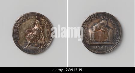 Diakonie réformé à Amsterdam, une piste qui a donné aux membres nécessiteux de l'église le droit au pain, Martin Holtzhey, médaille d'argent 1741. Devant : pauvre femme habillée, avec les mains écartées assis sur la pierre ; sur sa tête un pigeon, sur ses épaules un joug et à côté d'elle un agneau à l'intérieur ; coupe : Signature. Revers : deux pains, dont les lettres supérieures portent glissière, couché sur la table recouverte d'un tapis gracieux à l'intérieur ; coupe : année ; copie avec marqueur de cuivre Amsterdam argent (métal). Cuivre (métal) frappe (travail des métaux) Amsterdam Banque D'Images