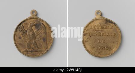 Loterie Imperiale de France, Penning de membre du Bureau Van de Loterij, Anonyme, 1804 - 1815 médaille d'identification Médaille de laiton à porter oeil. Devant : aigle avec éclair dans les griffes. Revers : inscription France laiton (alliage) coulée Banque D'Images