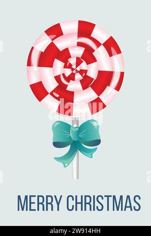 Sucette ronde de Noël avec des rayures rouges et grand noeud de ruban turquoise avec des ombres et des reflets sur la carte de voeux. Avec texte. Vecteur. Vertical Illustration de Vecteur