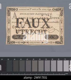 Dans Utrecht, a rendu invalide la cession de cinq Livres, série 67 A, no. 17597 publié le 30 avril 1792, Nicolas Marie Gatteaux, 1792 imprimé unilatéralement cession : plat, bordé sur tous les côtés par du ruban adhésif avec inscriptions et ornements ; dans le champ central : inscription 'domaines Nationaleuux / Assignat de cinq Livres / payable au porte par la Caisse de l'extraordinaire.' Au-dessus du numéro de série partiellement manuscrit, de la signature et des indications de valeur dans le compartiment décoré ; le texte 'Faux / Utrecht' est imprimé sur la représentation. Revers : inscription. Imprimeur : Parispublisher : France impression papier / Banque D'Images