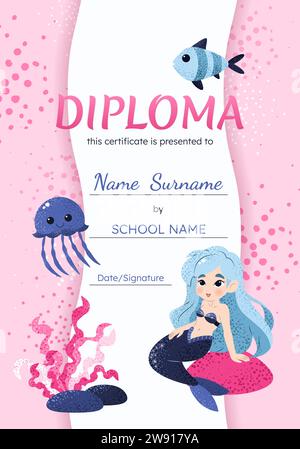 Modèle de certificat de diplôme avec sirène mignonne pour les enfants. Illustration de Vecteur