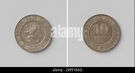 Dix cents de Léopold Ier, Roi des Belges, Joseph Pierre Braemt, 1861 pièces face : à gauche, lion debout sur un champ à facettes au-dessus de cartouche avec signature à l'intérieur de la couverture ; coupe : inscription et signature. Revers : numéro 10 au-dessus de cartouche avec inscription et étoile à cinq branches dans Omschrift Belgique nickel (métal) frappant (travail des métaux) Banque D'Images