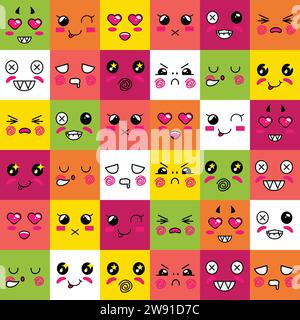 Plat carré expressif émotion faces bannière et vecteur de conception d'affiche Illustration de Vecteur