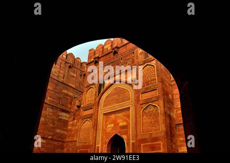 Vue partielle de Amar Singh Gate, Red fort, Agra, Uttar Pradesh, Inde Banque D'Images