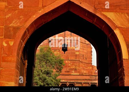 Vue partielle de Amar Singh Gate, Red fort, Agra, Uttar Pradesh, Inde Banque D'Images