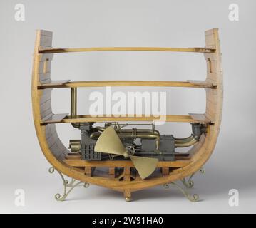 Modèle d'un moteur de coffre, Petrus van der Loo, modèle à l'échelle 1:1855. modèle technique. Le modèle de démonstration a placé un modèle d'une machine à tronc de 150 hp ou d'une machine à tube dans une section transversale d'un navire. Pas de chaudière ; l'arbre de transmission est raccourci et équipé d'une vis parabolique à deux pales ; la machine peut tourner avec une manivelle. Le modèle montre : deux cylindres horizontaux avec des tubes ; armoire du condenseur avec quatre pompes à air ; deux curseurs de vapeur avec double excentrique sur le vilebrequin et régulateur sur le dessus du condenseur ; contrôleur d'alimentation en vapeur sur excentrique supplémentaire. Avec cette machine fonctionnant directement à un desi Banque D'Images