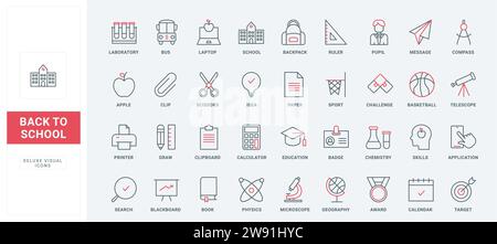 Retour à l'école fines icônes de ligne noire et rouge définir illustration vectorielle. Décrire les symboles de l'éducation et de l'obtention du diplôme, pictogrammes de connaissances et d'étude sur la leçon de classe, livre et télescope, sac à dos et bus Illustration de Vecteur