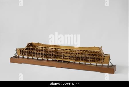 Demi-modèle d'Une batterie d'artillerie flottante de 32 canons, Rijkswerf Willemsoord, modèle à l'échelle 1861. Modèle de construction long -le long de la section d'une batterie flottante, sur un panneau de mise à la terre. Avec la partie avant, la peau et le pesage sont omis, de sorte que toutes les fermes et les poutres de plancher sont visibles. Trois ponts, onze portes de canon sur le côté pour le pont de tête, une porte et demie pour le pont de tête et le pont supérieur avant et arrière. Le siège du navire original est clairement visible. Le modèle se trouve sur les blocs d'empilage, qui correspondent aux numéros des barres sur les mises en plan. Echelle 1:50 (échelle sur le modèle). Bois den Helder (matière végétale). bras Banque D'Images