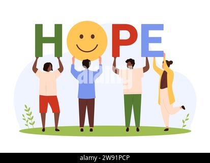 Charité, espoir pour une meilleure illustration vectorielle future. Dessins animés minuscules personnes debout tenant des lettres arc-en-ciel colorées de mot espoir et emoji avec sourire, groupe de diversité de personnages croient et rêvent Illustration de Vecteur