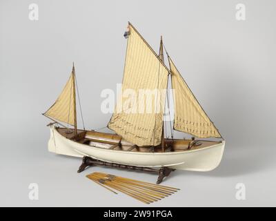 Maquette d'un bateau de sauvetage, Adriaan Rosel, c. 1870 - c. 1876 maquette de navire. modèle entièrement gréé. Modèle de présentation modèle de chronométrage d'une embarcation de sauvetage à double ceinture de dix ceintures, les canons sont manquants. C'est un sloop de trou de sangle glissant, avec pré-tige incurvée et poupe droite, légèrement tombante. La peau est peinte en blanc. Il a une double peau, avec des armoires flottantes appliquées dans la peau intérieure ; cinq dids, une cabine ouverte, un petit parvis et pile arrière. Le gouvernail large n'a pas d'attache mais un quadrant de direction, les talisés sont manquants. Le modèle est équipé de dix ceintures, deux hameçons de bateau, deux bouées rondes et un Drreg. Banque D'Images