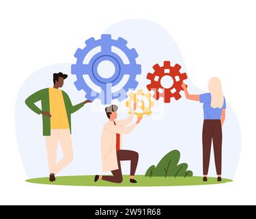 Organisation de l'entreprise, collaboration des employés pour illustration de vecteur de travail efficace. Dessins animés minuscules personnes déplaçant des engrenages d'usine ensemble, l'ingénierie complexe de succès et la coopération pour le défi Illustration de Vecteur