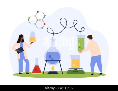 Recherche chimique en illustration vectorielle de laboratoire. Cartoon minuscules personnes bouillant le liquide dans des flacons sur le brûleur, les scientifiques recherchent la réaction chimique des échantillons dans des tubes à essai en verre pour étudier la chimie Illustration de Vecteur