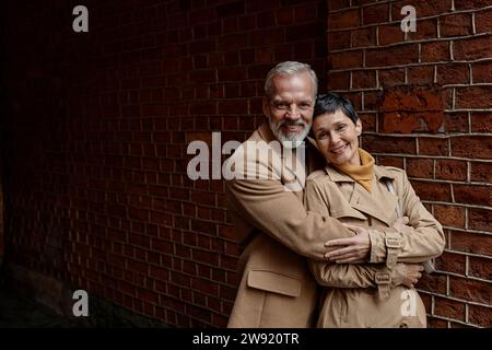 Couple heureux debout contre le mur de briques, se câliner et regarder la caméra Banque D'Images