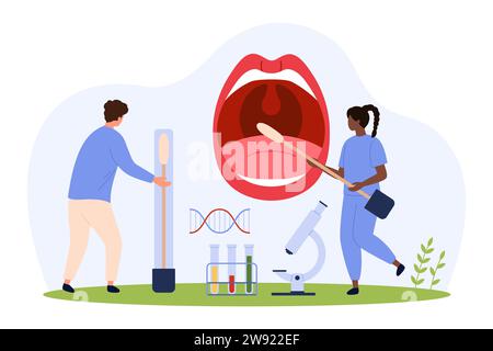 Tests d'ADN, illustration vectorielle de technologie de recherche génétique de paternité. Les personnes minuscules de dessin animé tenant le long coton-tige buccal pour prélever l'échantillon de salive de la grande bouche ouverte du patient, les médecins vérifient les sondes Illustration de Vecteur