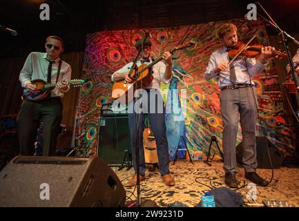 Bluegrass britannique et le groupe Americana The Lowly Strung sur la scène Peacock au Maverick Festival dans le Suffolk rural au Royaume-Uni Banque D'Images