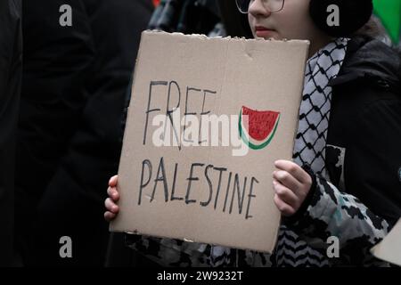 Nahostkonflikt - Pro-Palästina Kundgebung in Frankfurt am main Hunderte Menschen beteiligen sich am 23.12.2023 an einer Pro-Palästina-Demonstration in Frankfurt am main. Die Kundgebung wird von einem massiven Polizeiaufgebot begleitet. Seit einem Terrorangriff der Hamas auf Israel am 07. Oktober 2023 und der anschließenden intervention Israels im Gazastreifen kommt es deutschlandweit zu zahlreichen pro-palästinänsischen Demonstrationen. Frankfurt am main Goetheplatz Hessen Deutschland *** Moyen-Orient Conflict Pro Palestine rassemblement à Francfort-sur-le-main des centaines de personnes prennent part à une fête pro-palest Banque D'Images