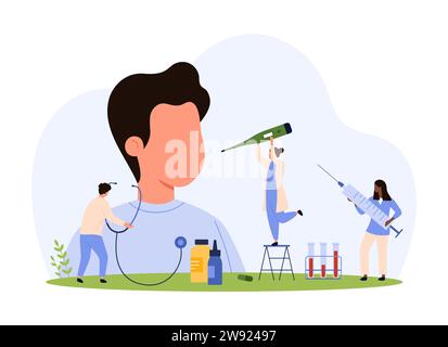 Diagnostic, prévention et traitement des infections de saison, grippe et grippe, rhumes chez les enfants illustration vectorielle. Les gens minuscules de dessin animé vérifient garçon malade Illustration de Vecteur