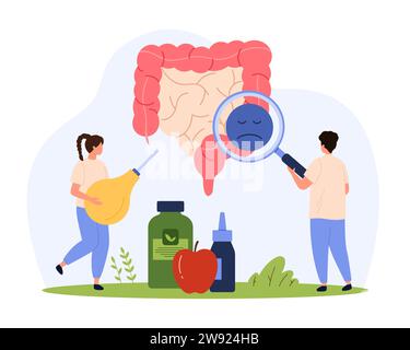 Troubles digestifs intestinaux, diagnostic et traitement par les médecins. Petites personnes tenant une loupe et un lavement médical pour vérifier la santé rectale, illustration vectorielle de dessin animé du microbiome intestinal Illustration de Vecteur