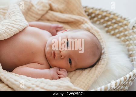 Bébé garçon nouveau-né couché dans le panier moses Banque D'Images