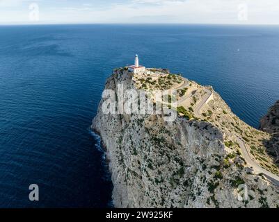 Espagne, Majorque, Pollença, vue aérienne du phare de Cabo Formentor Banque D'Images